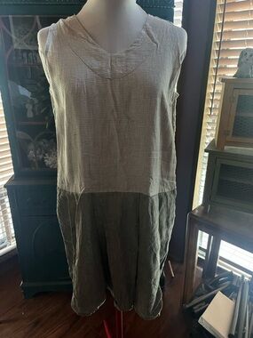 Flax by Angelhart Sleeveless vintage Linen Mini Dress Light Beige/Olive